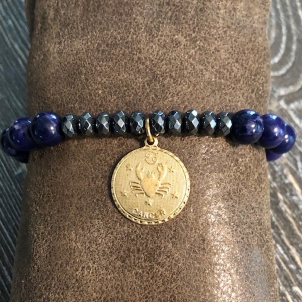 Navy Blue/Gunmetal Zodiac Stretch Bracelet - Cancer Sign